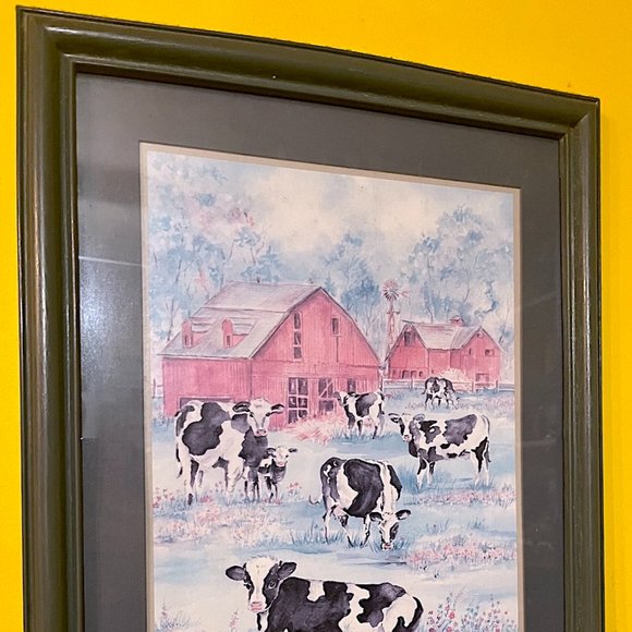 VINTAGE COW SCENE RED BARN IN FRAME BY AVA FREEMAN 16” X 20” - Picture 2 of 3